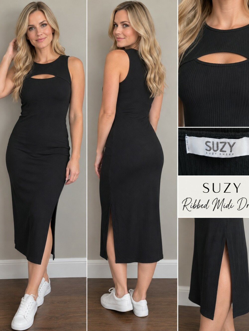 Suzy Shier Black Ribbed Midi Dress with Front Cutout